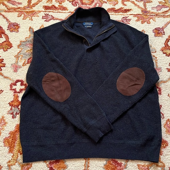 2/$50 SALE Polo Ralph Lauren 100% Wool Navy Collared Sweater Suede Elbow Patches